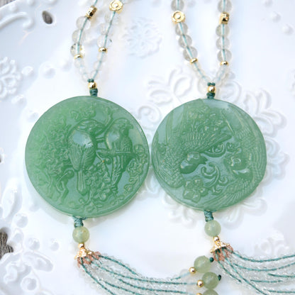 Couple Birds Pendant Necklace - Green Aventurine Clear Quartz Beaded
