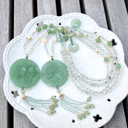 Couple Birds Pendant Necklace - Green Aventurine Clear Quartz Beaded