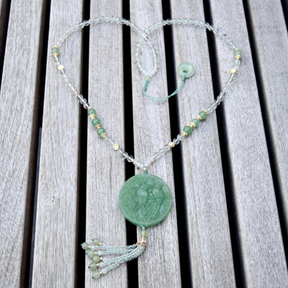 Couple Birds Pendant Necklace - Green Aventurine Clear Quartz Beaded