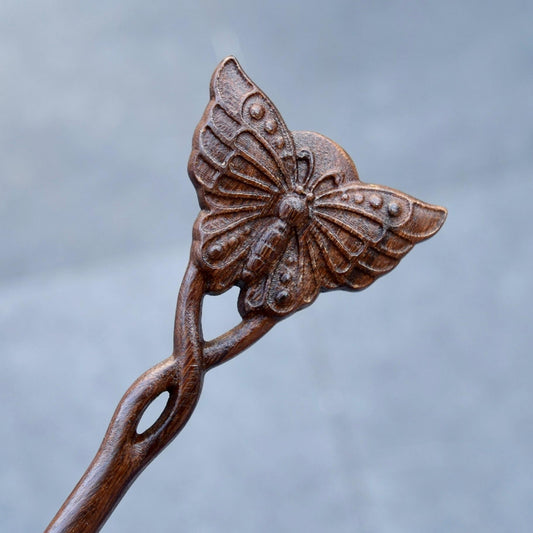 Butterfly Double Sided Carved Wood Hair Stick - Chinese Hairpin
