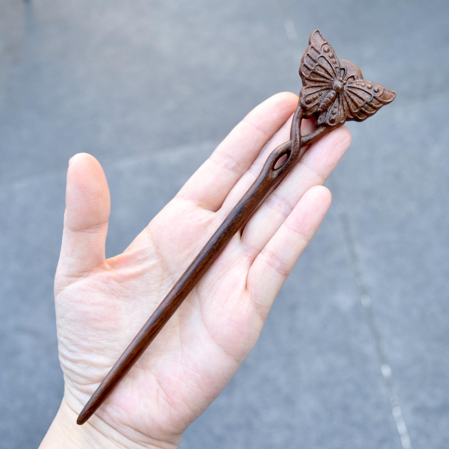 Butterfly Double Sided Carved Wood Hair Stick - Chinese Hairpin