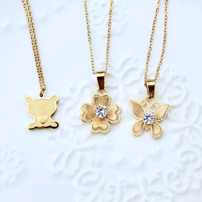 Golden Matte Charm Necklace - Bear Butterfly Clover - Cubic Zirconia Stainless Steel Necklace
