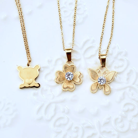 Golden Matte Charm Necklace - Bear Butterfly Clover - Cubic Zirconia Stainless Steel Necklace
