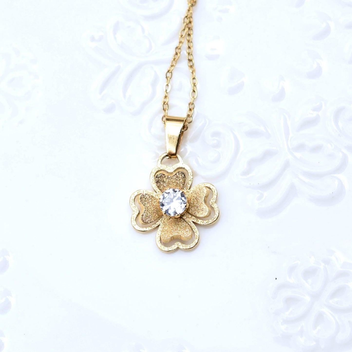 Golden Matte Charm Necklace - Bear Butterfly Clover - Cubic Zirconia Stainless Steel Necklace