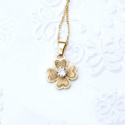 Golden Matte Charm Necklace - Bear Butterfly Clover - Cubic Zirconia Stainless Steel Necklace