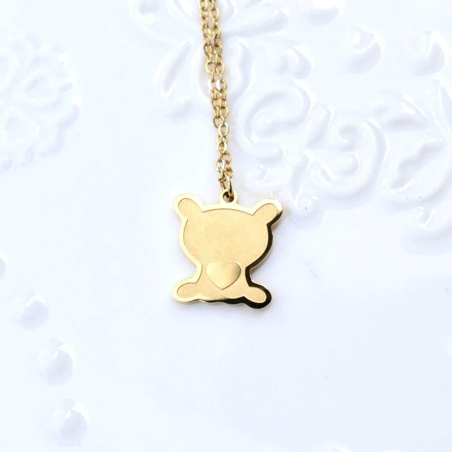 Golden Matte Charm Necklace - Bear Butterfly Clover - Cubic Zirconia Stainless Steel Necklace