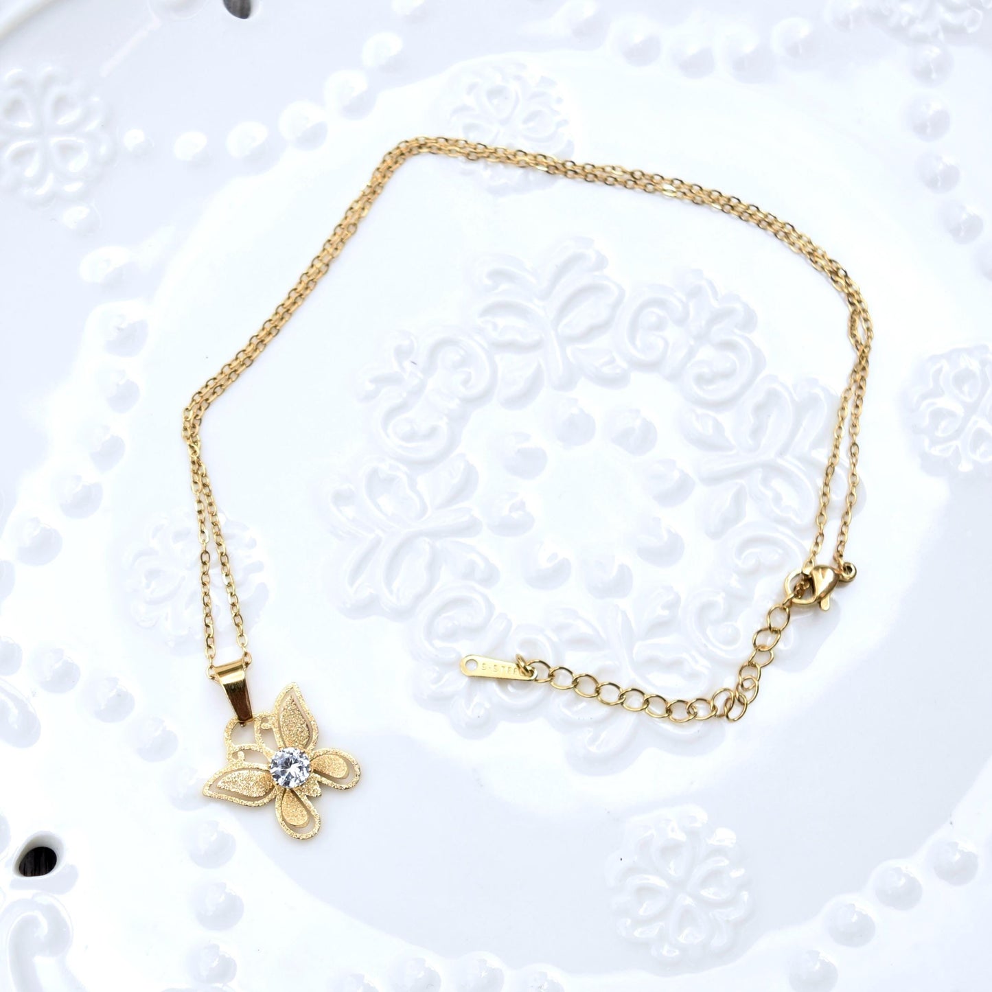 Golden Matte Charm Necklace - Bear Butterfly Clover - Cubic Zirconia Stainless Steel Necklace