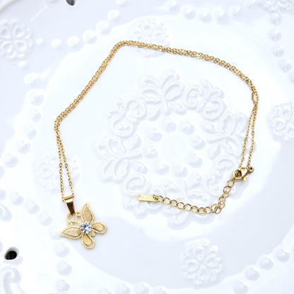 Golden Matte Charm Necklace - Bear Butterfly Clover - Cubic Zirconia Stainless Steel Necklace