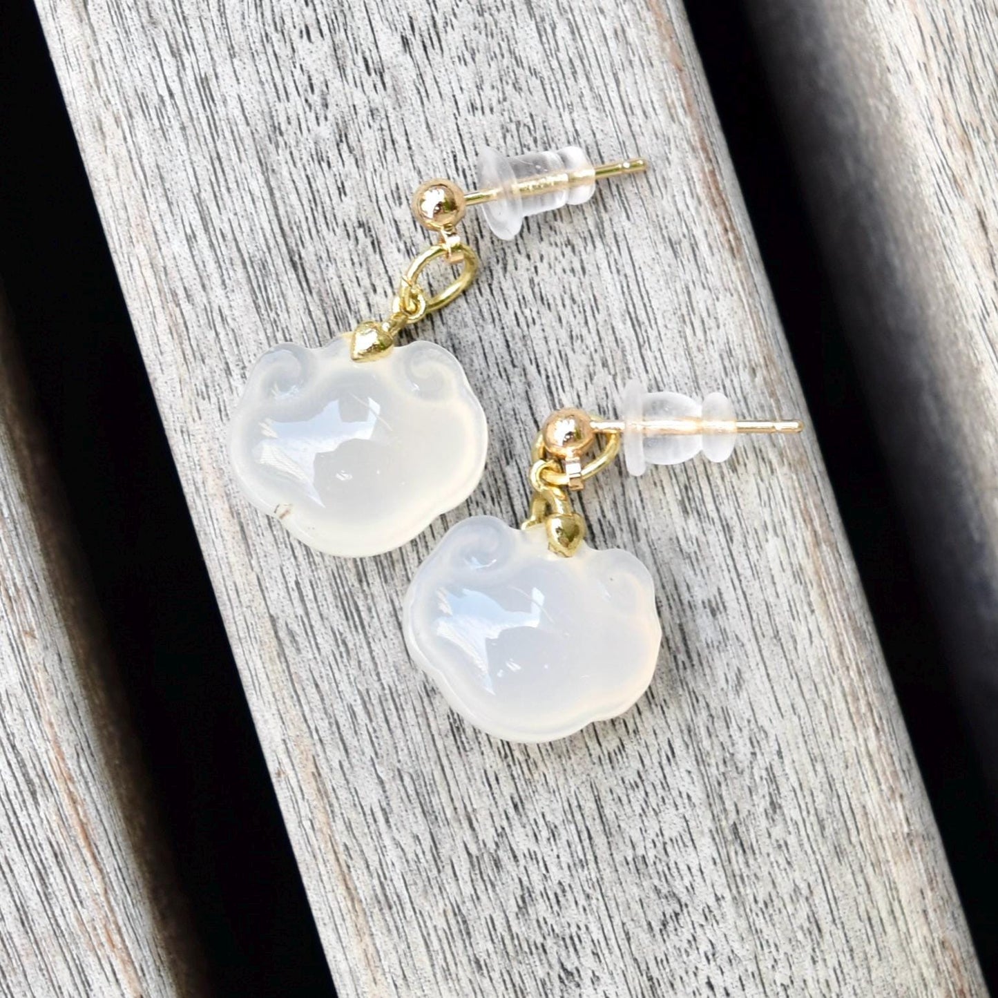 White Agate Charm Earrings: Chinese Peace Buckle, Gold-Plated