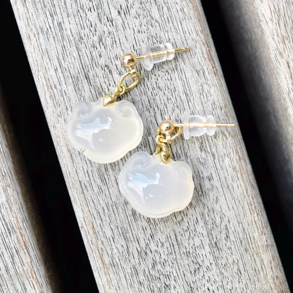 White Agate Charm Earrings: Chinese Peace Buckle, Gold-Plated