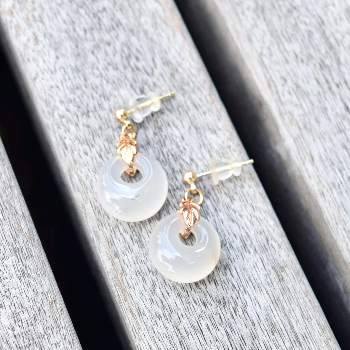 White Agate Charm Earrings: Chinese Peace Buckle, Gold-Plated