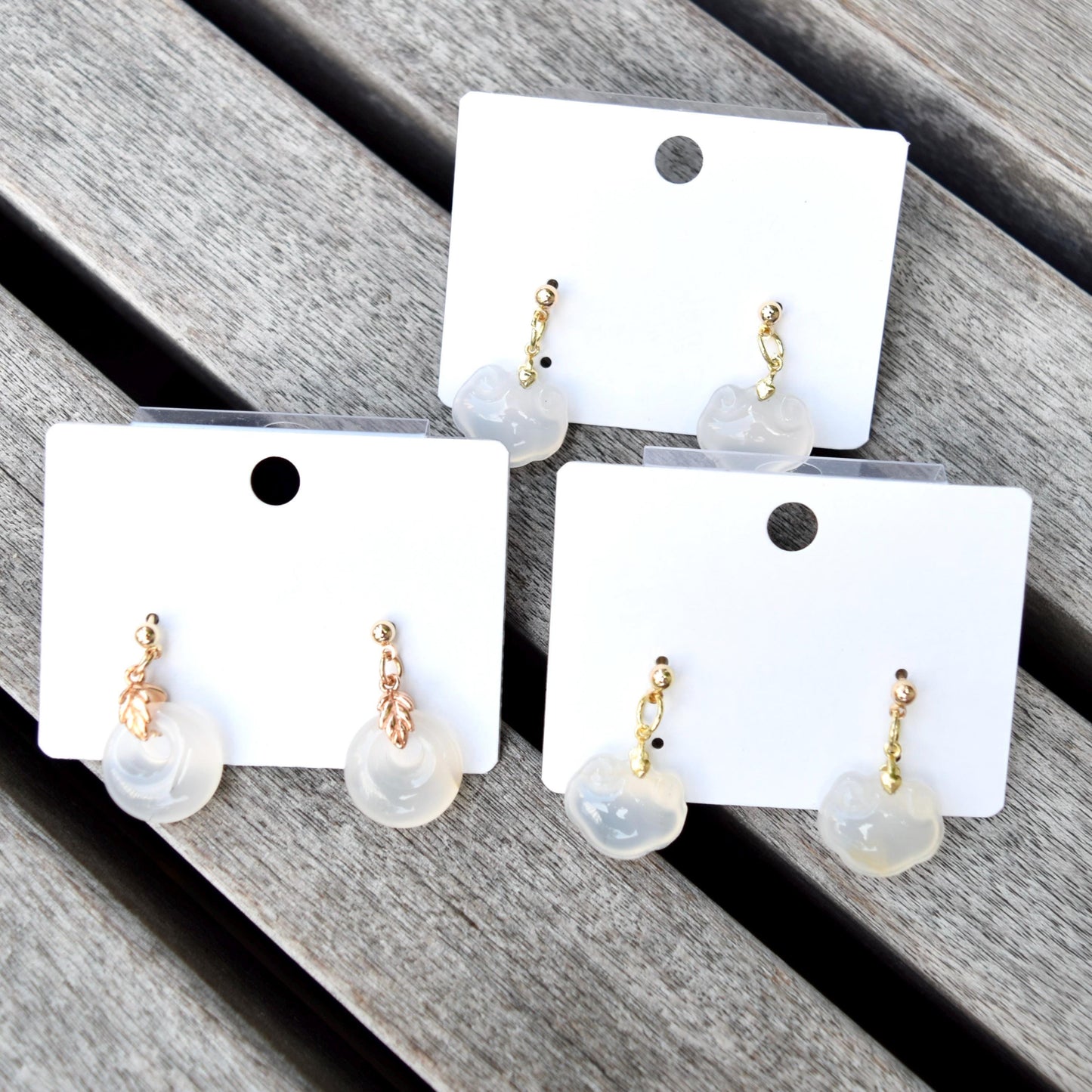 White Agate Charm Earrings: Chinese Peace Buckle, Gold-Plated