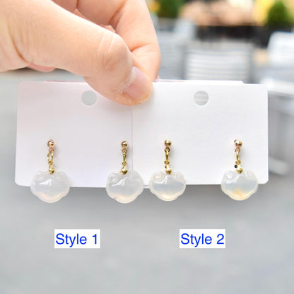 White Agate Charm Earrings: Chinese Peace Buckle, Gold-Plated