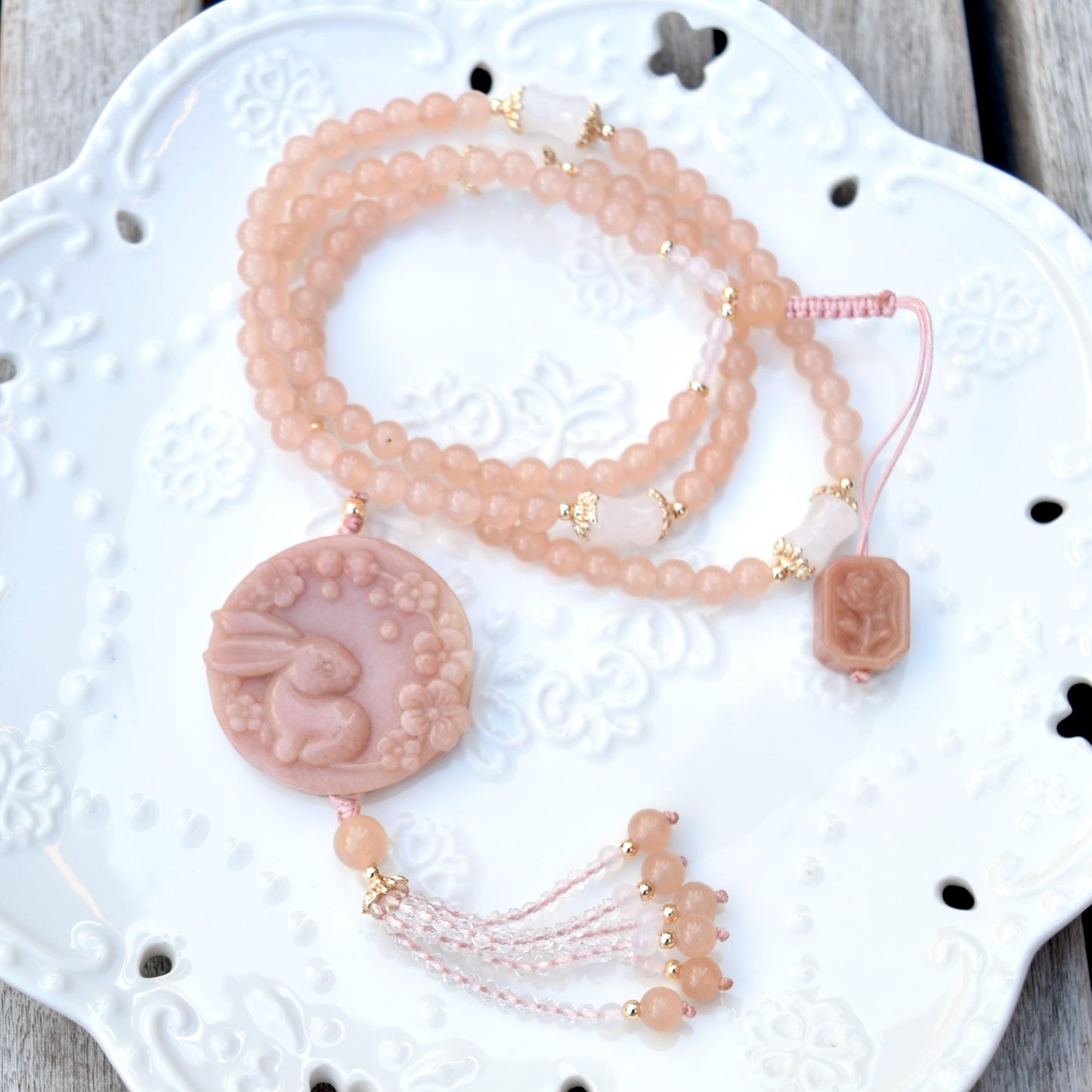 Flora Rabbit Necklace - Orange Quartz Jade Beaded Chain