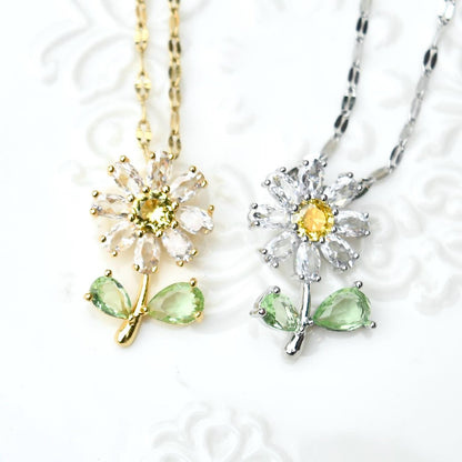 Crystals Icy Flower Charm Necklace - Cubic Zirconia Stainless Steel Necklace