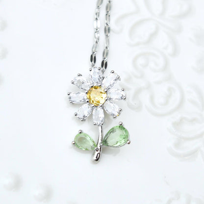Crystals Icy Flower Charm Necklace - Cubic Zirconia Stainless Steel Necklace