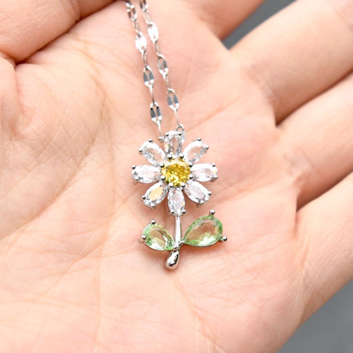 Crystals Icy Flower Charm Necklace - Cubic Zirconia Stainless Steel Necklace