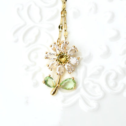 Crystals Icy Flower Charm Necklace - Cubic Zirconia Stainless Steel Necklace