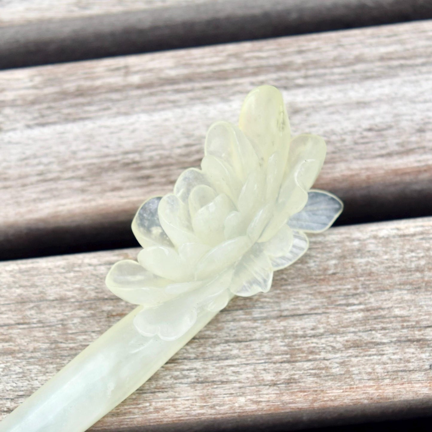 Green Icy Peony Carved Hairpin - Serpentine Jade Hair Stick
