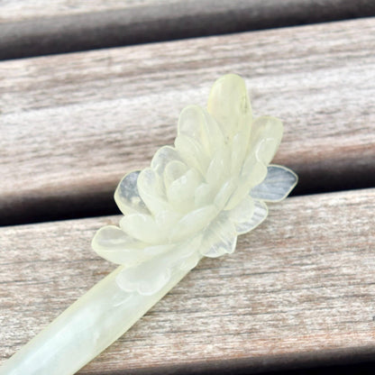 Green Icy Peony Carved Hairpin - Serpentine Jade Hair Stick