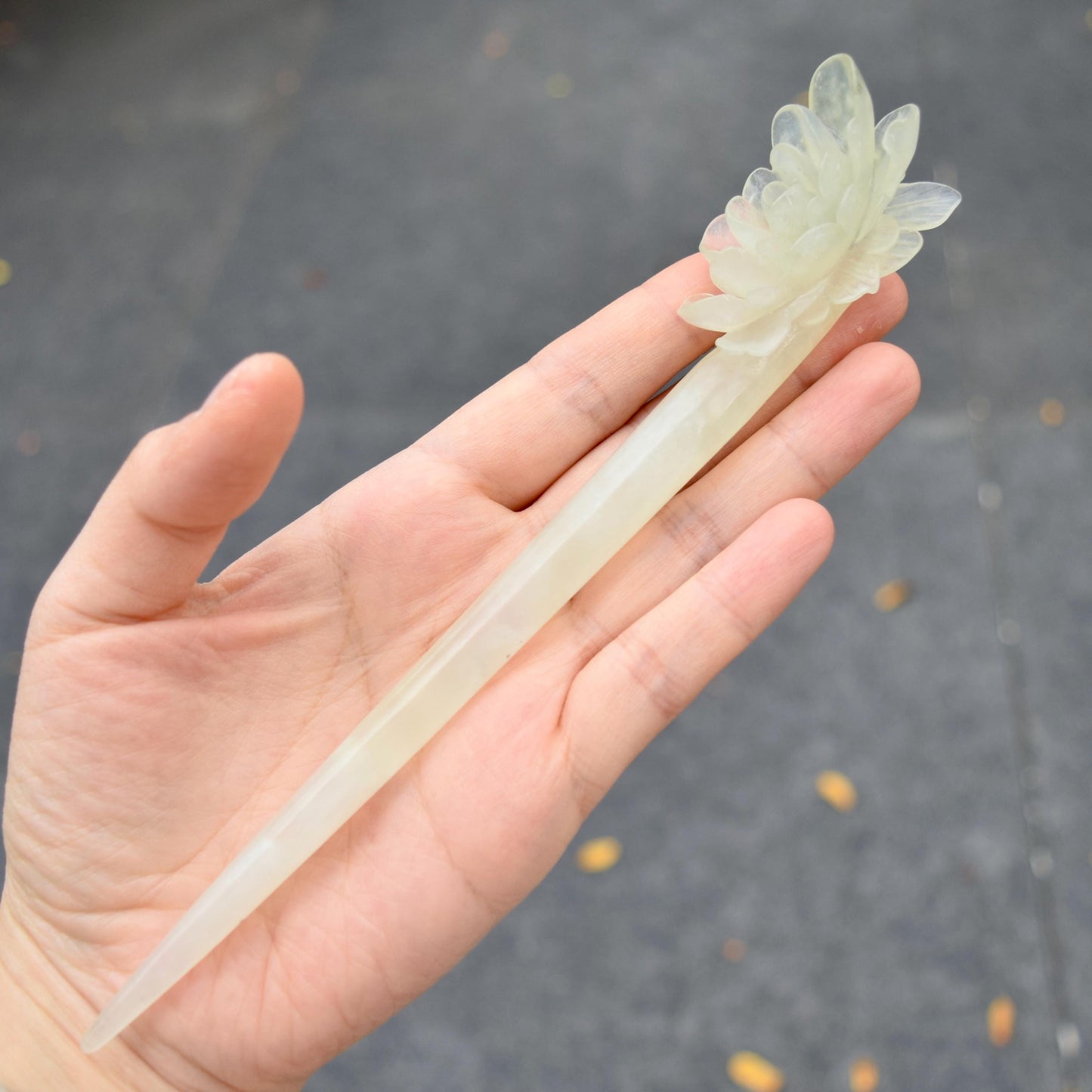 Green Icy Peony Carved Hairpin - Serpentine Jade Hair Stick