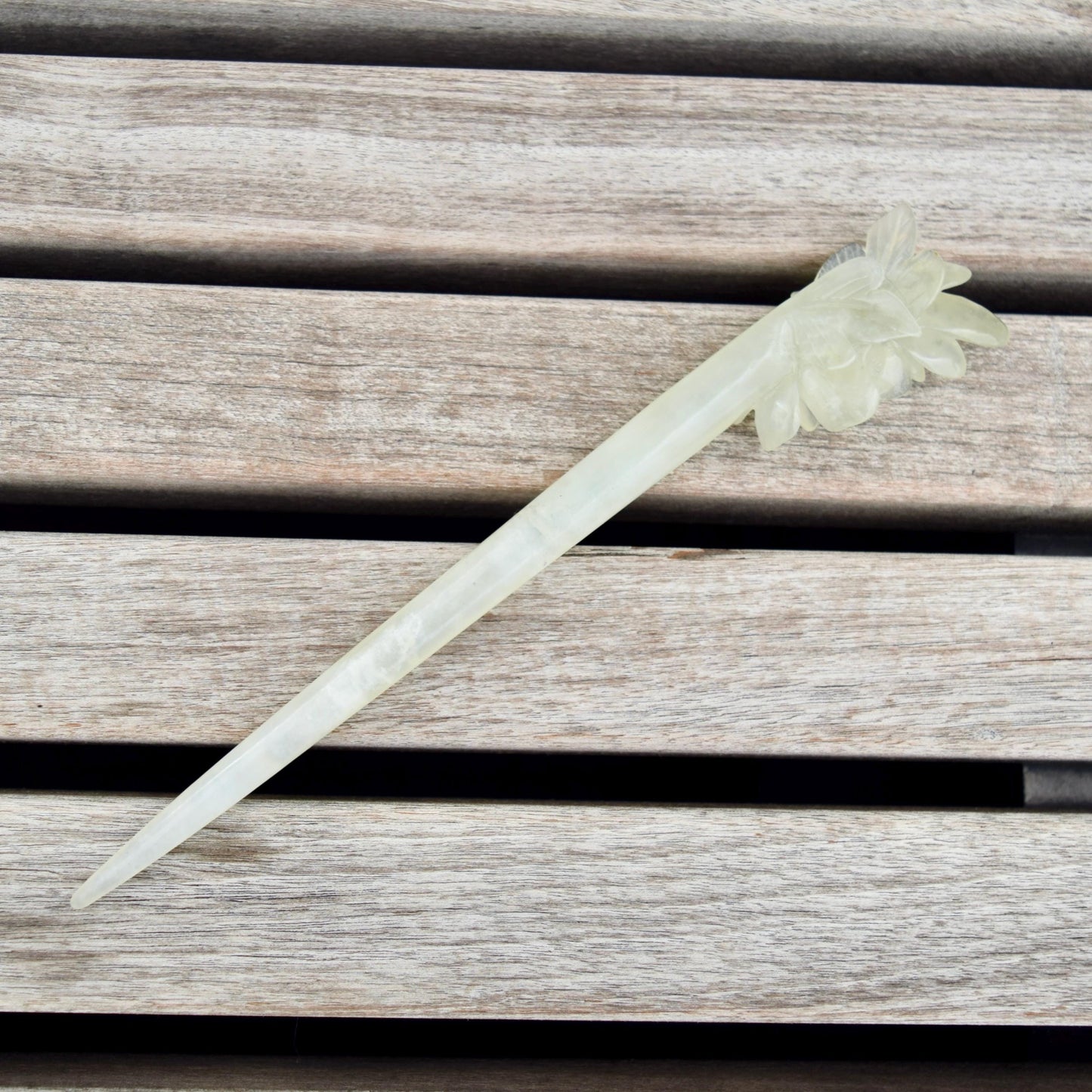 Green Icy Peony Carved Hairpin - Serpentine Jade Hair Stick