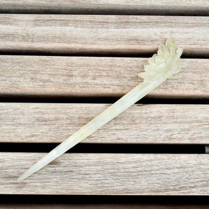 Green Icy Peony Carved Hairpin - Serpentine Jade Hair Stick