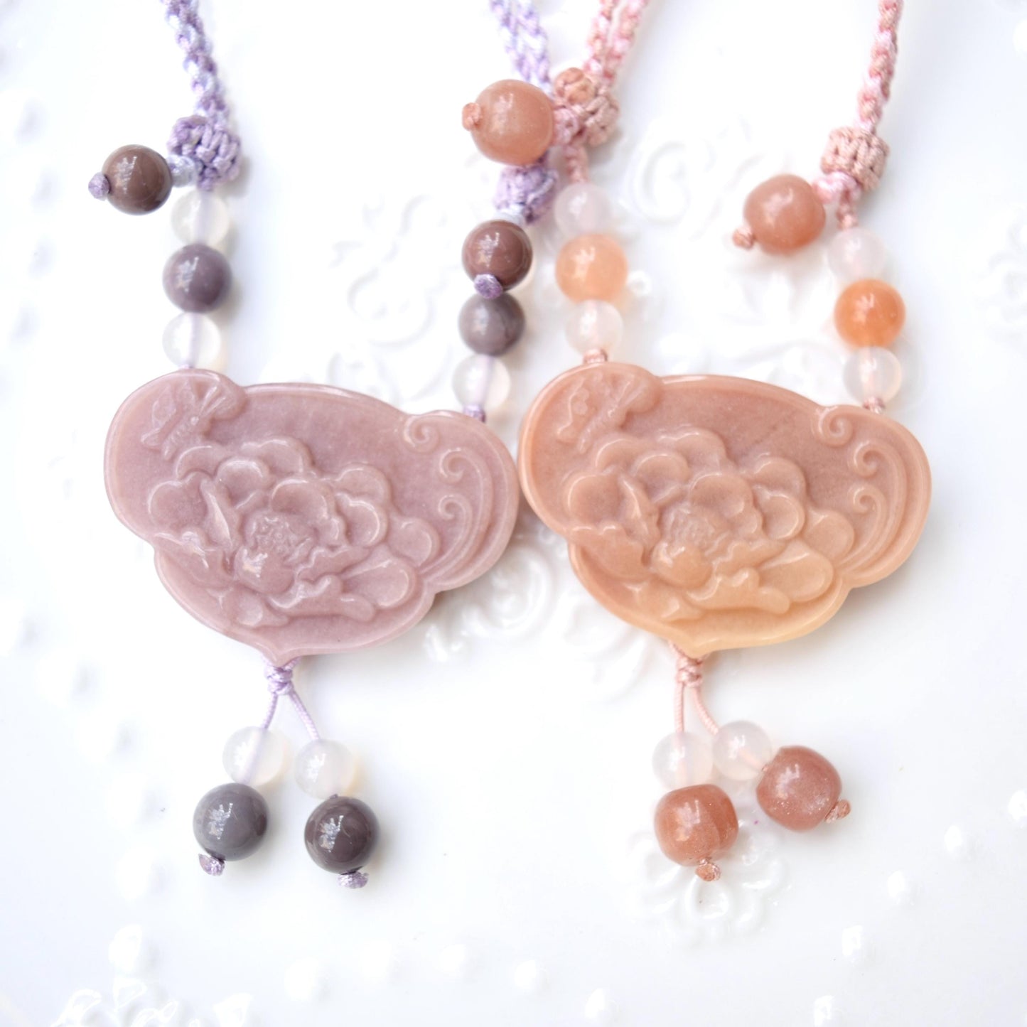 Orange Purple Peony Lock Pendant Rope Necklace - Aventurine Quartz Jade