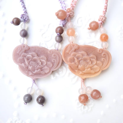 Orange Purple Peony Lock Pendant Rope Necklace - Aventurine Quartz Jade