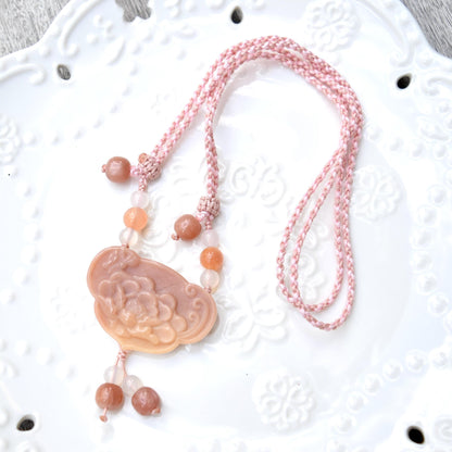 Orange Purple Peony Lock Pendant Rope Necklace - Aventurine Quartz Jade