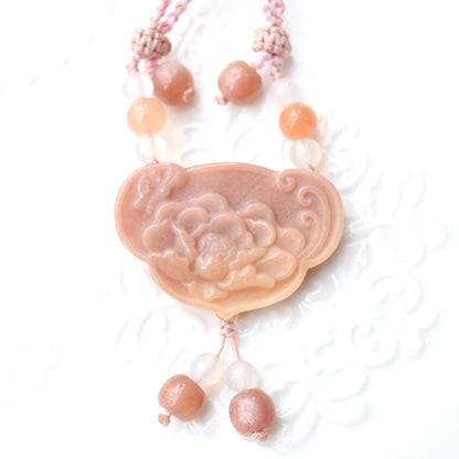 Orange Purple Peony Lock Pendant Rope Necklace - Aventurine Quartz Jade