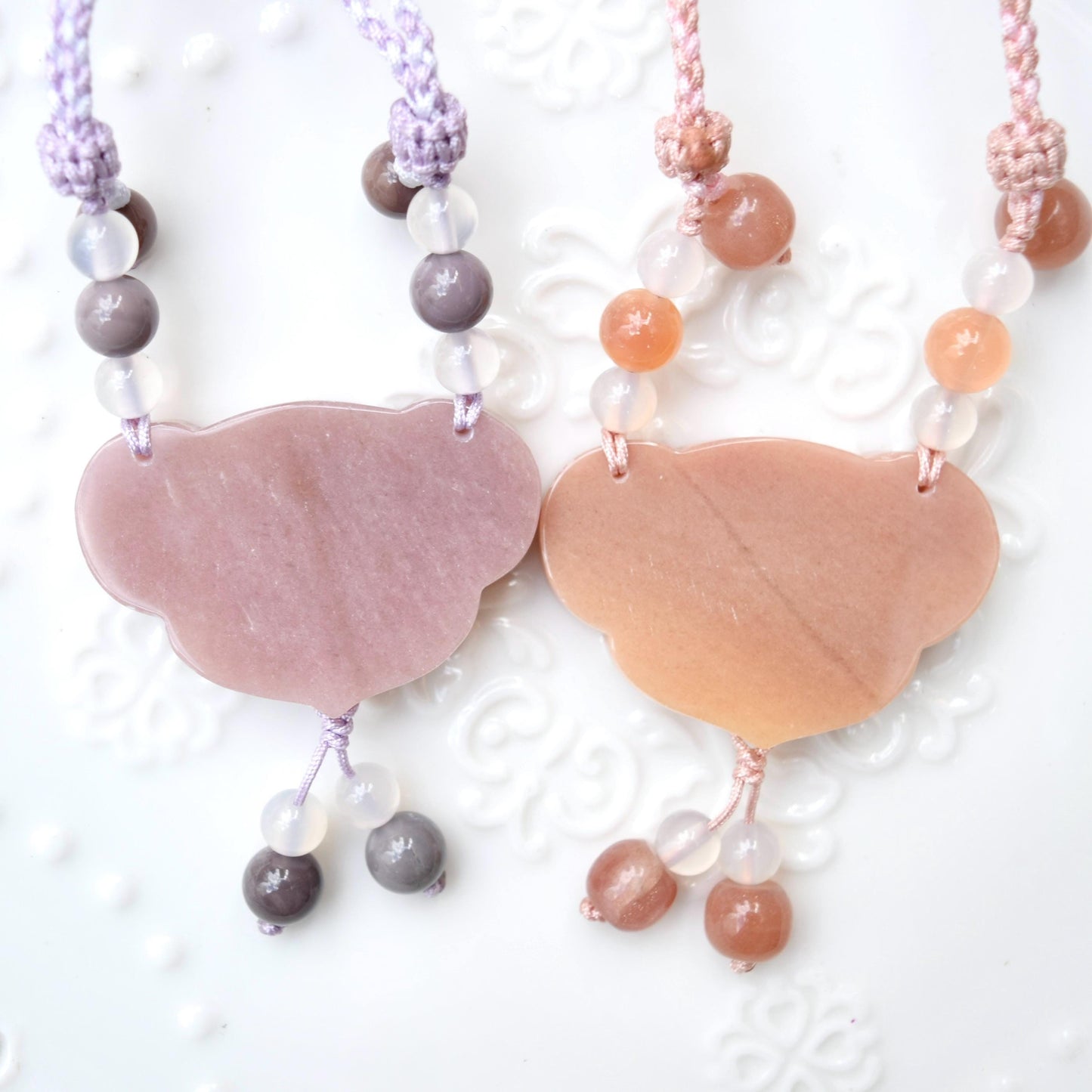 Orange Purple Peony Lock Pendant Rope Necklace - Aventurine Quartz Jade