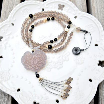 Gray Agate Flora Lock Pendant Beaded Necklace