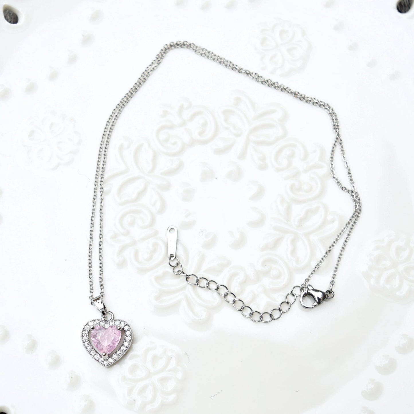 Blue Pink Crystals Pendant Necklace Bracelet - Stainless Steel Golden Neckalce