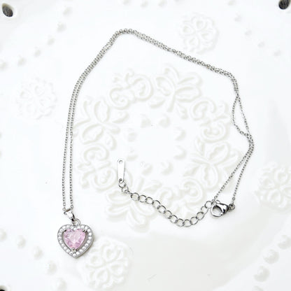 Blue Pink Crystals Pendant Necklace Bracelet - Stainless Steel Golden Neckalce