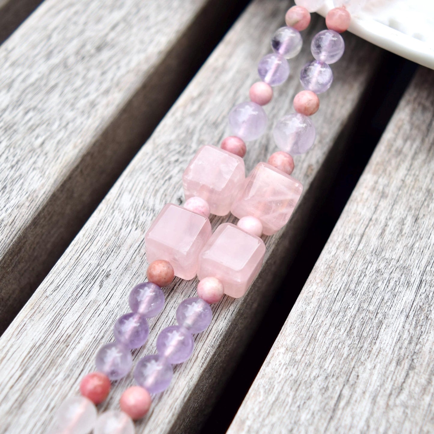 Purple Ocean Jasper Flora Lock Pendant - Rose Quartz Long Necklace