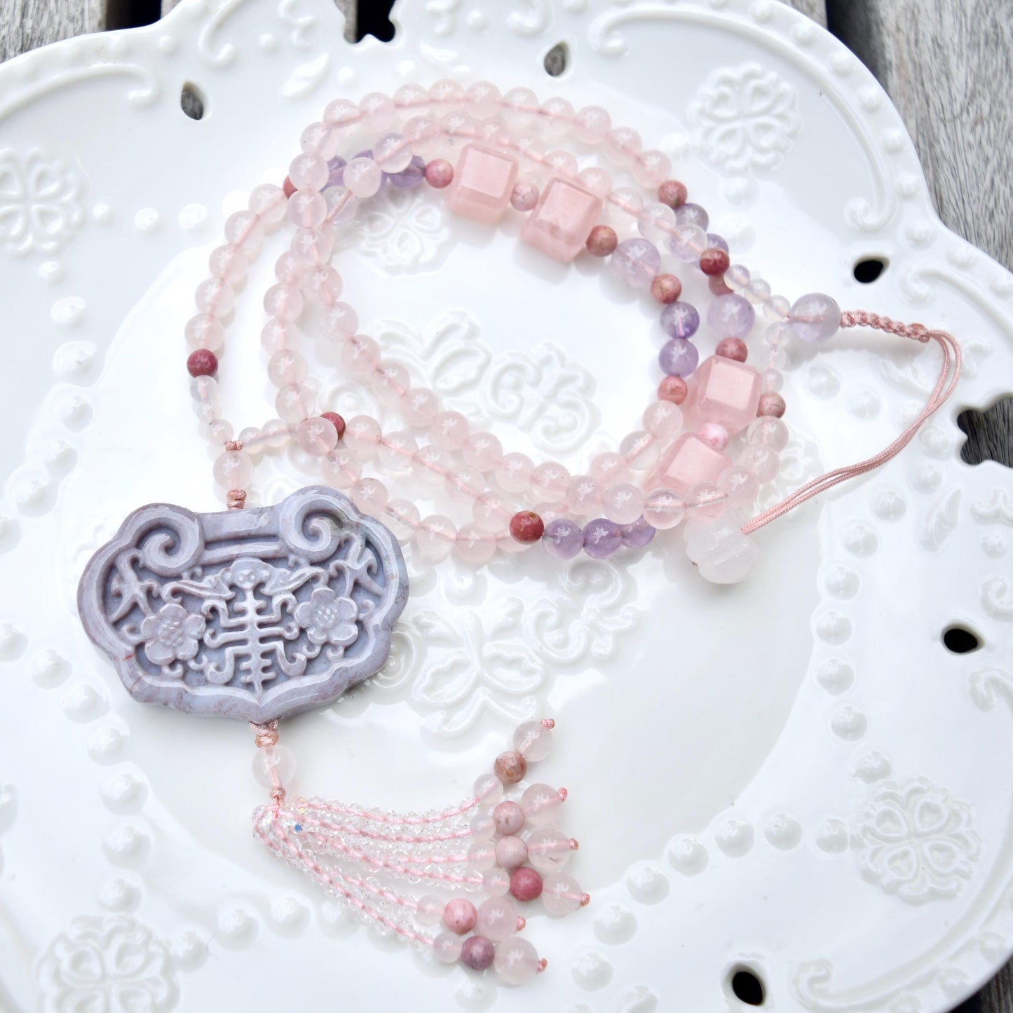 Purple Ocean Jasper Flora Lock Pendant - Rose Quartz Long Necklace