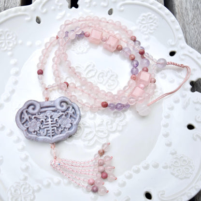 Purple Ocean Jasper Flora Lock Pendant - Rose Quartz Long Necklace