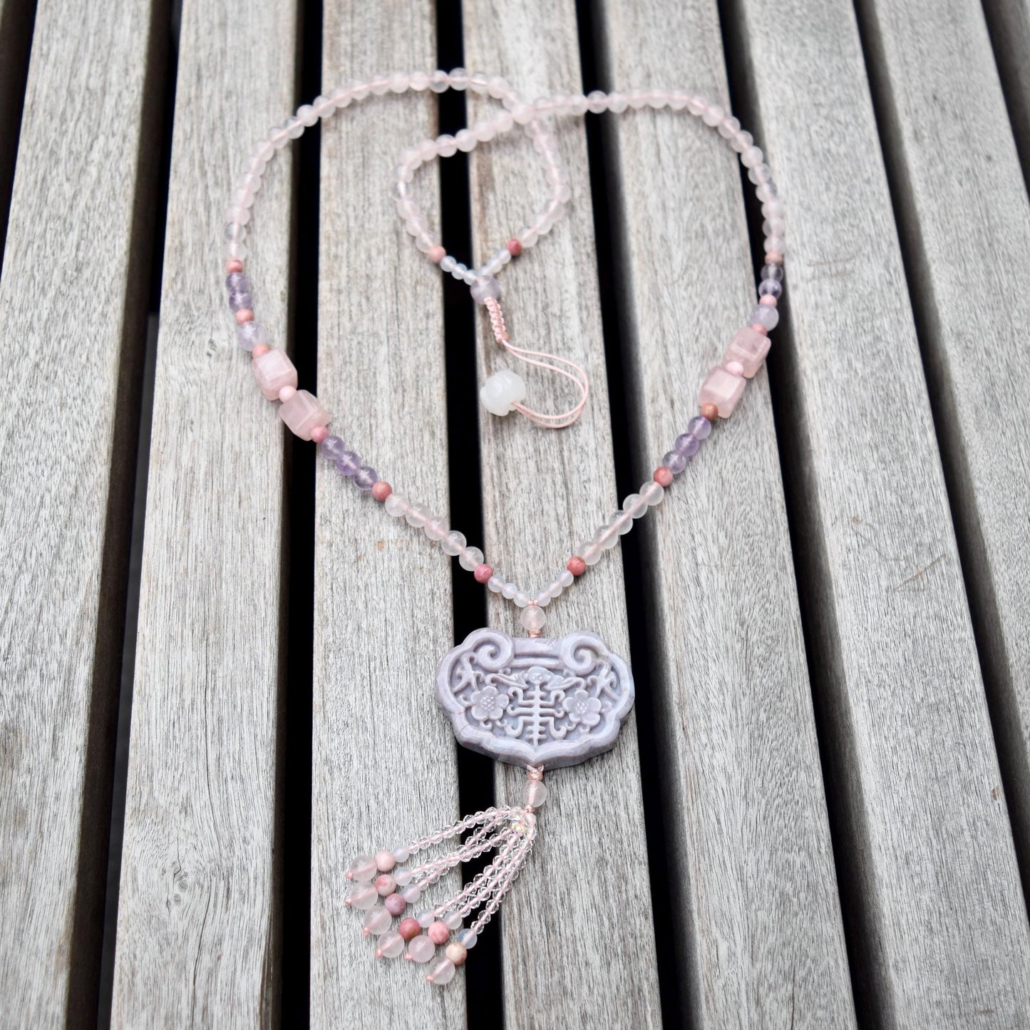 Purple Ocean Jasper Flora Lock Pendant - Rose Quartz Long Necklace