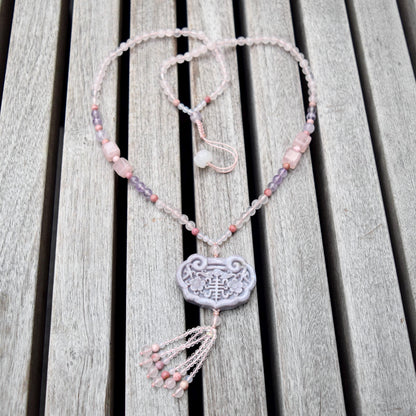 Purple Ocean Jasper Flora Lock Pendant - Rose Quartz Long Necklace