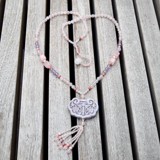 Purple Ocean Jasper Flora Lock Pendant - Rose Quartz Long Necklace
