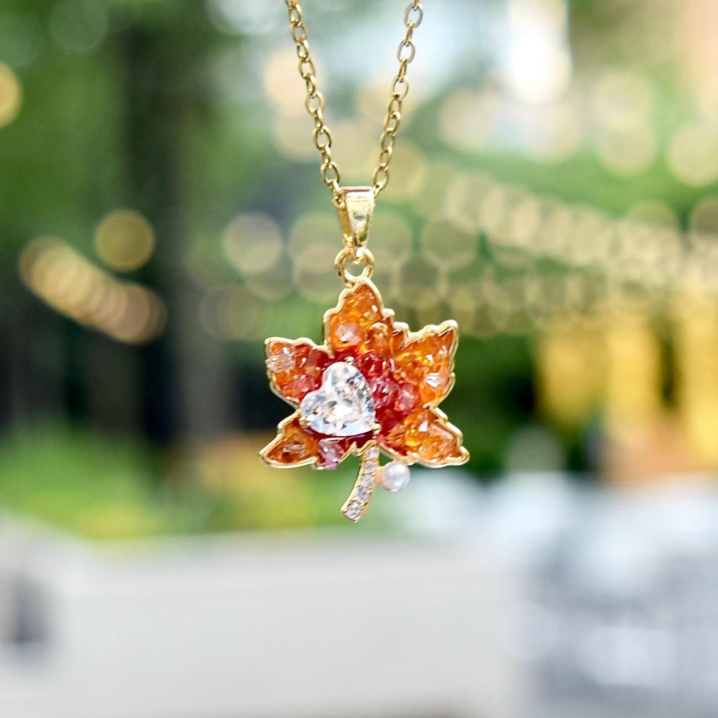 Red Crystals Maple Pendant Necklace - Stainless Steel Golden Necklace