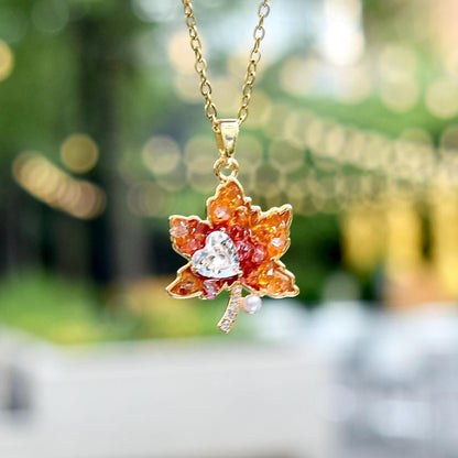 Red Crystals Maple Pendant Necklace - Stainless Steel Golden Necklace