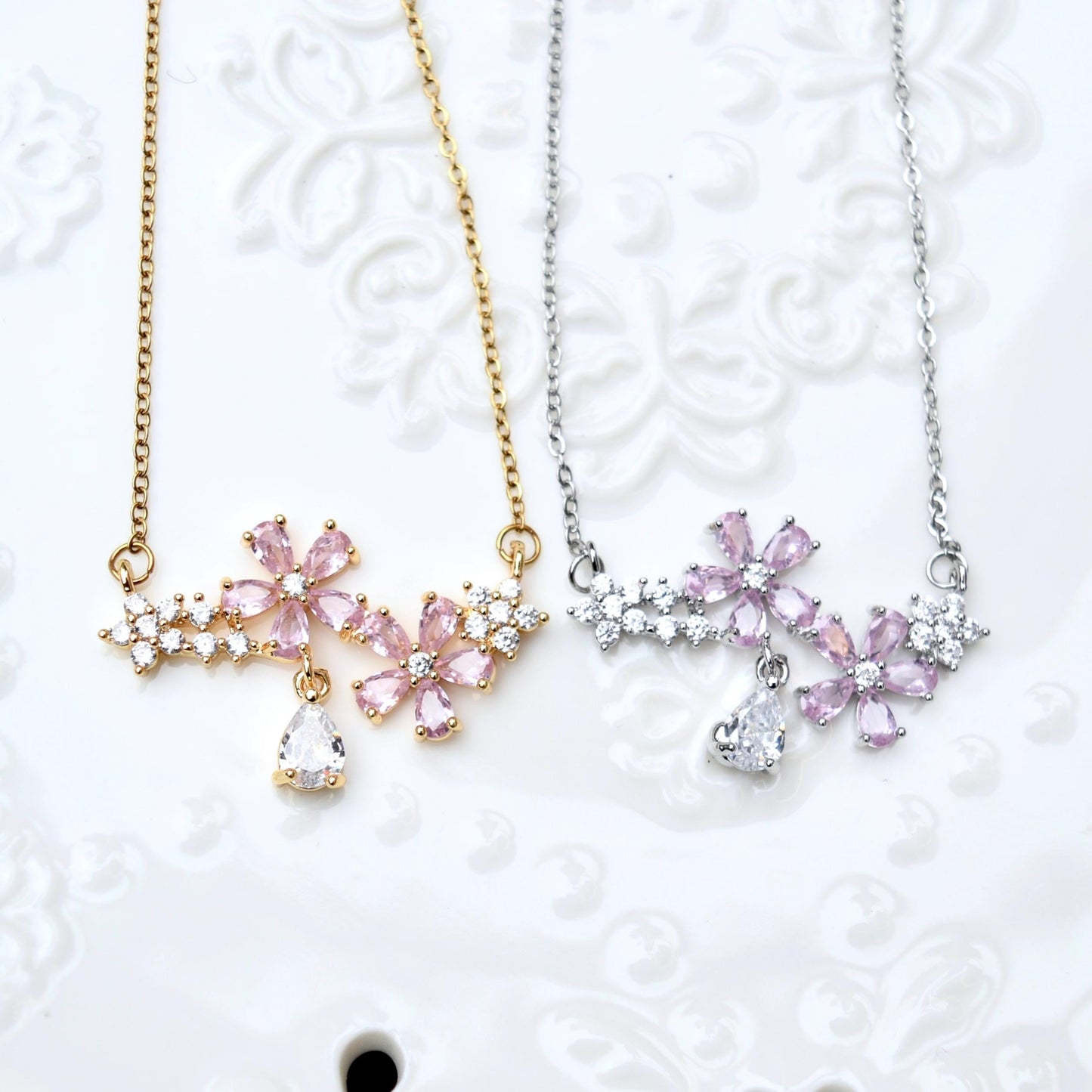 Double Sakura Charm Necklace - Pink Crystal Flower Stainless Steel