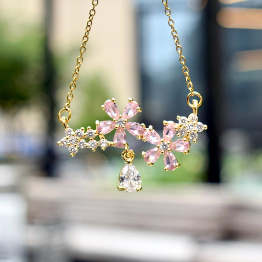 Double Sakura Charm Necklace - Pink Crystal Flower Stainless Steel