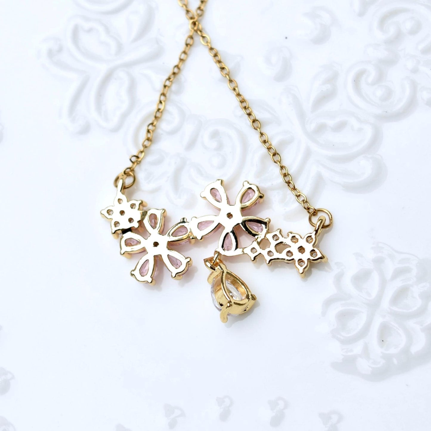 Double Sakura Charm Necklace - Pink Crystal Flower Stainless Steel