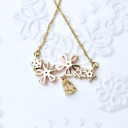 Double Sakura Charm Necklace - Pink Crystal Flower Stainless Steel