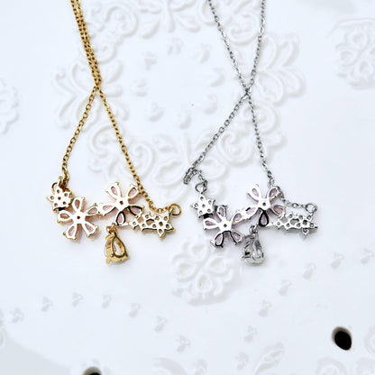 Double Sakura Charm Necklace - Pink Crystal Flower Stainless Steel