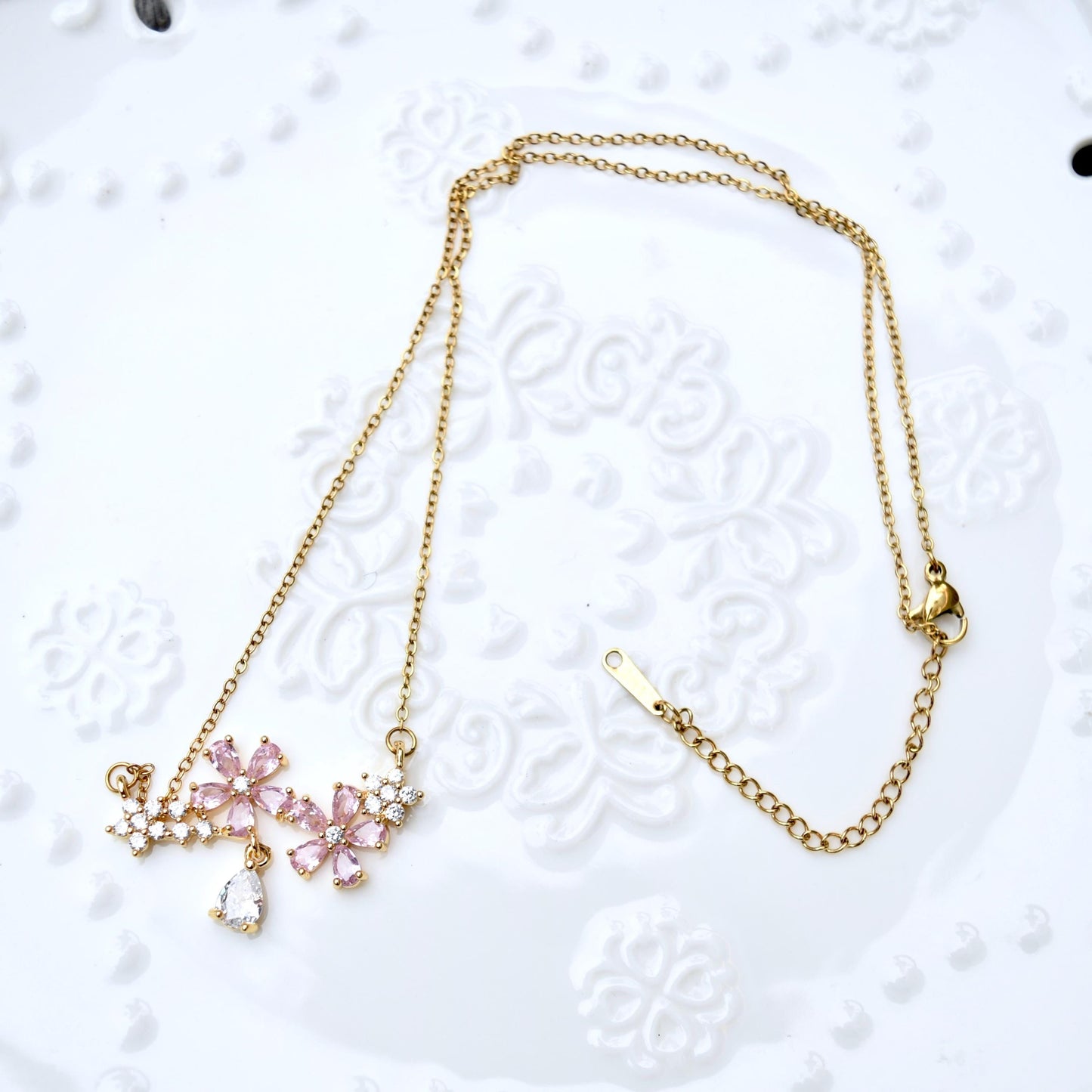 Double Sakura Charm Necklace - Pink Crystal Flower Stainless Steel