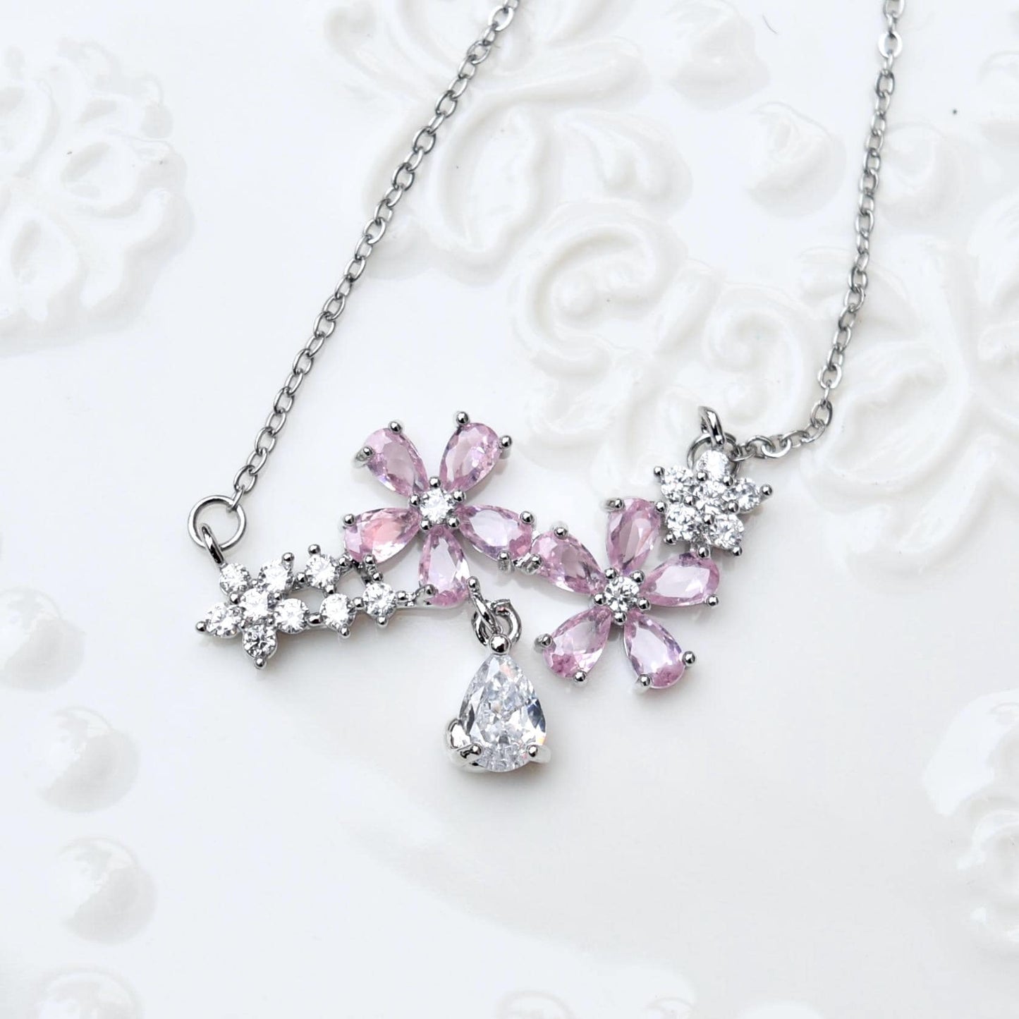 Double Sakura Charm Necklace - Pink Crystal Flower Stainless Steel